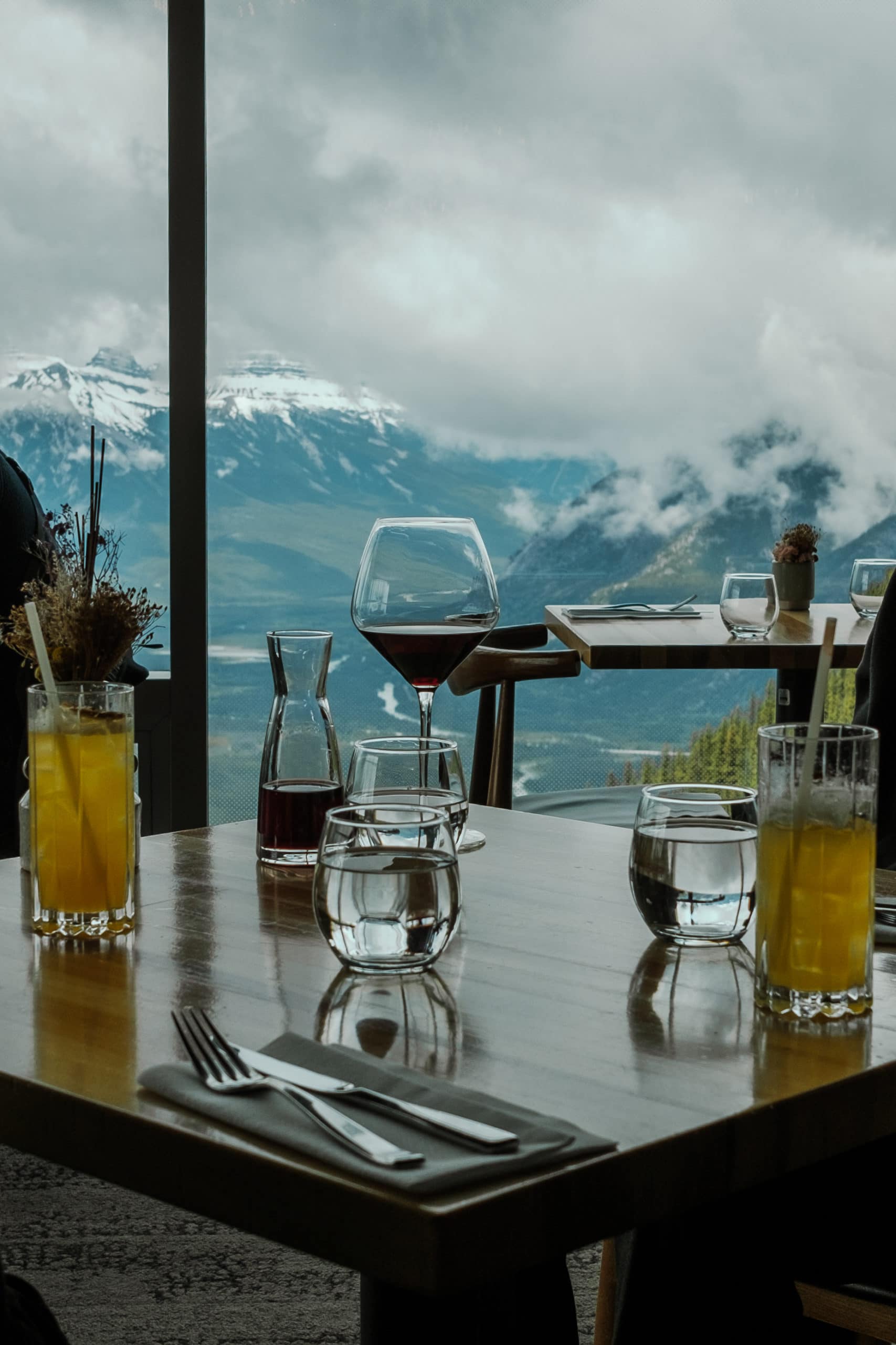 Beverages on a table in the Sky Bistro.