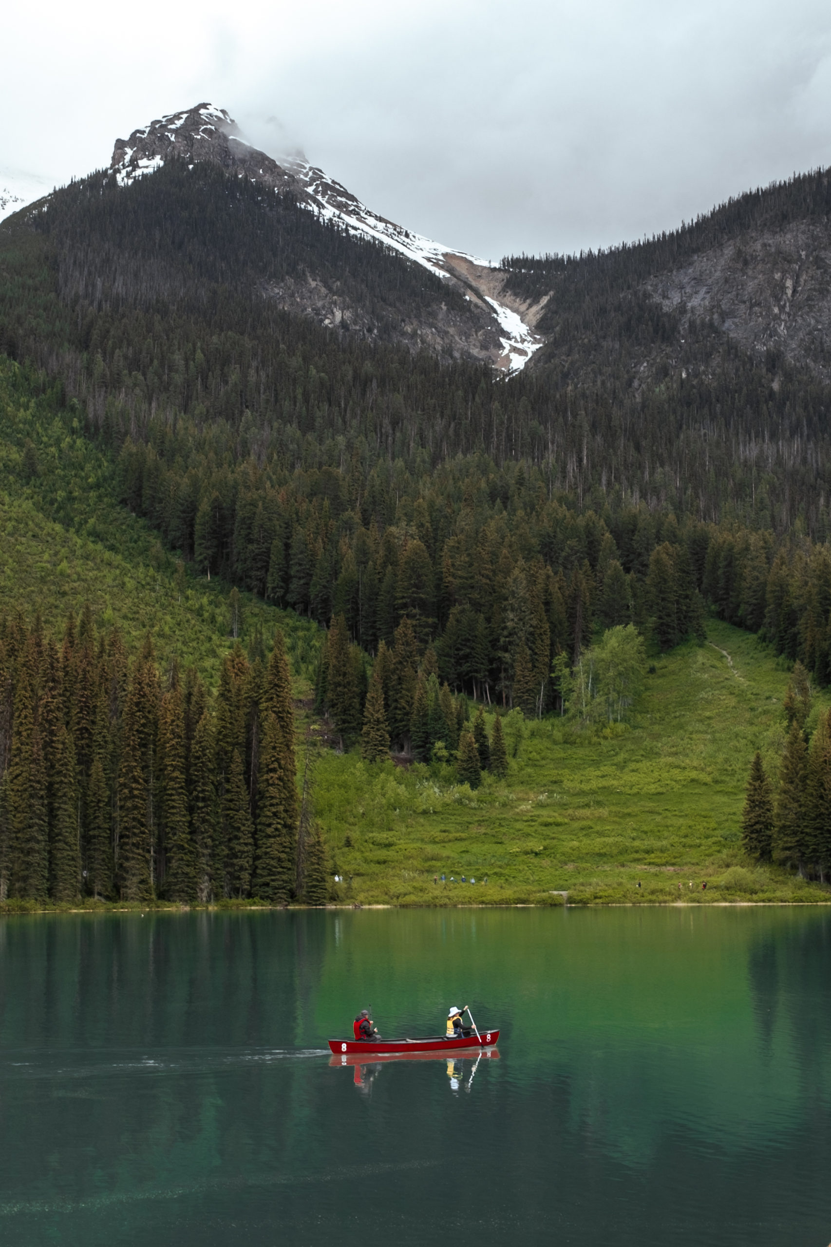 People canoe on Emerald Lake.