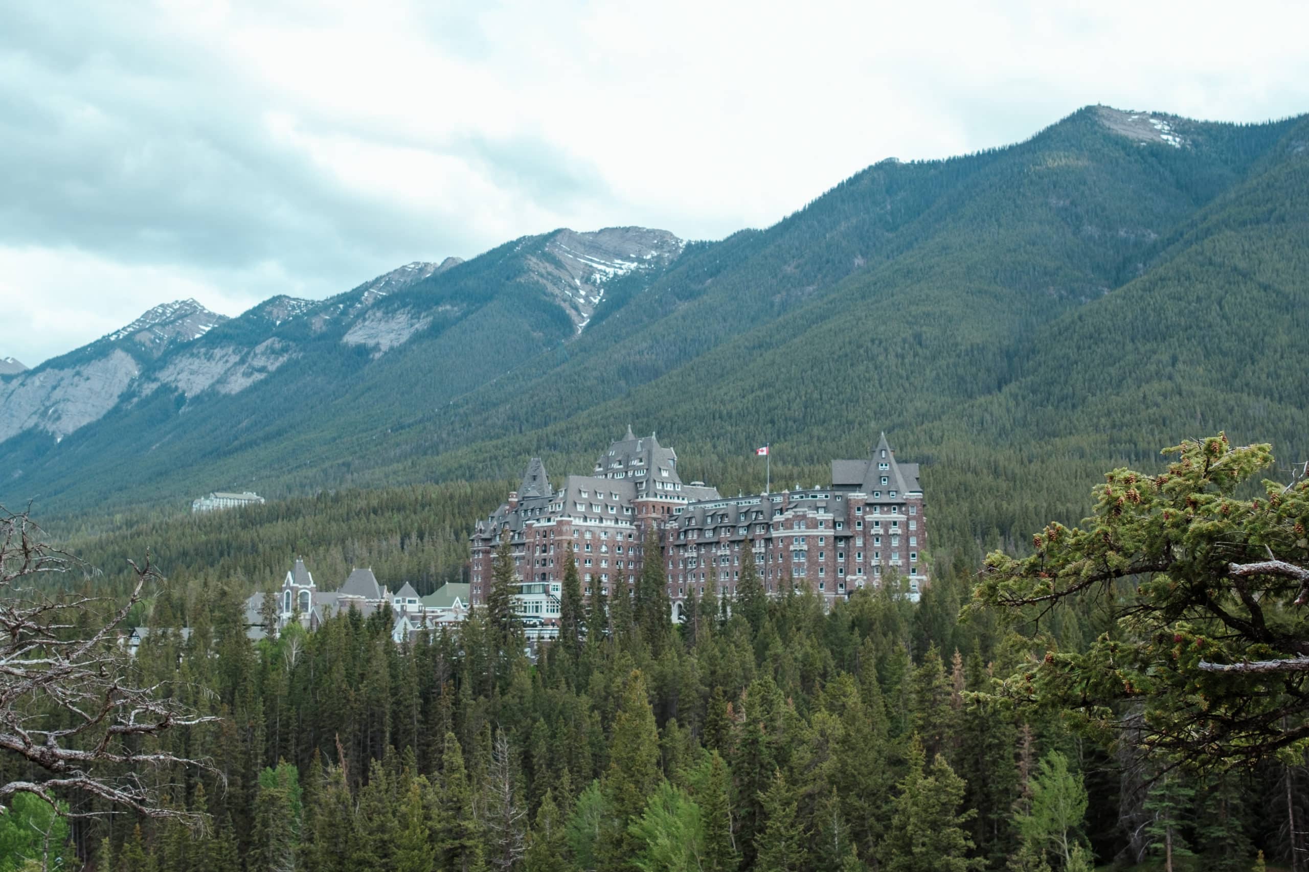 A view of the Fairmont Banff Springs hotel from across the river.