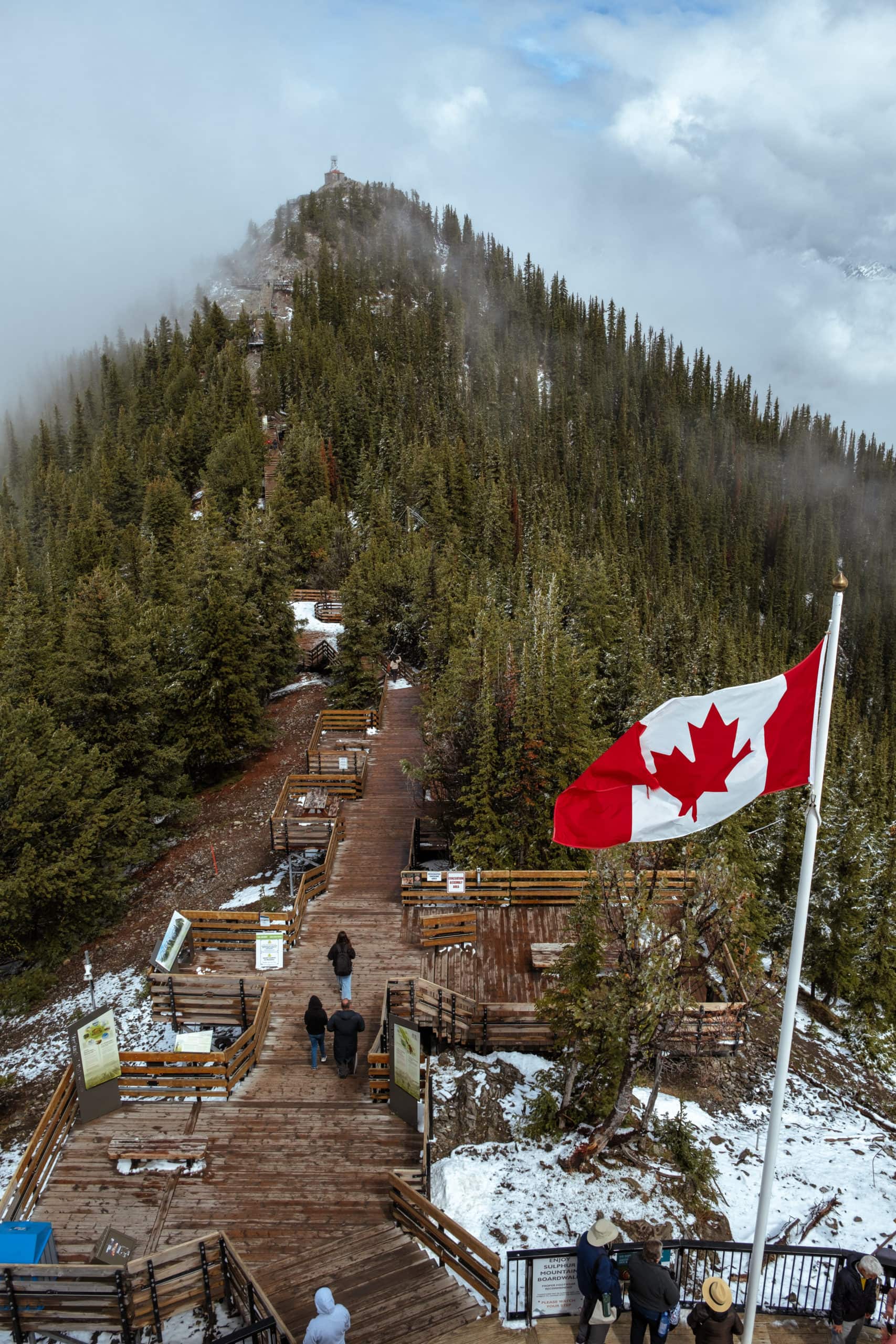People walk on the boardwalk on Sulphur Mountain.