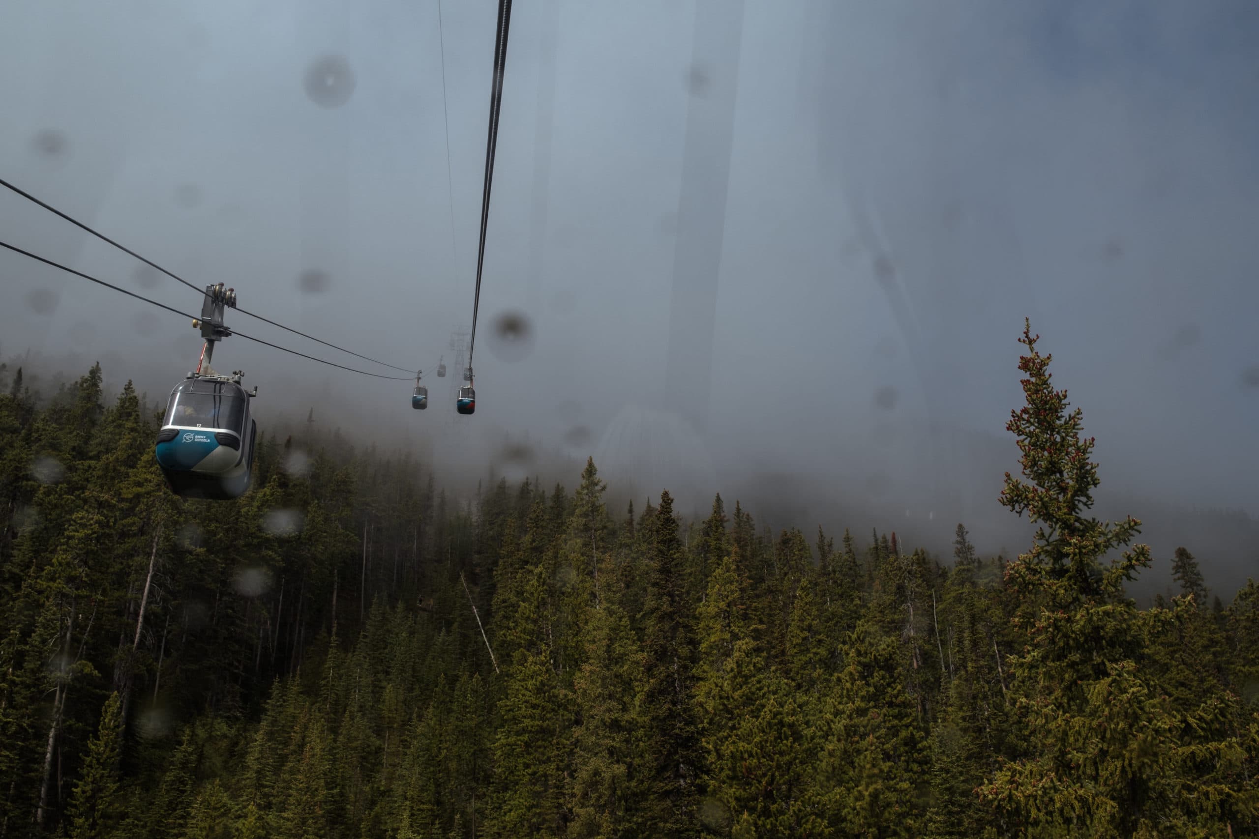 A view from inside the Banff Gondola.