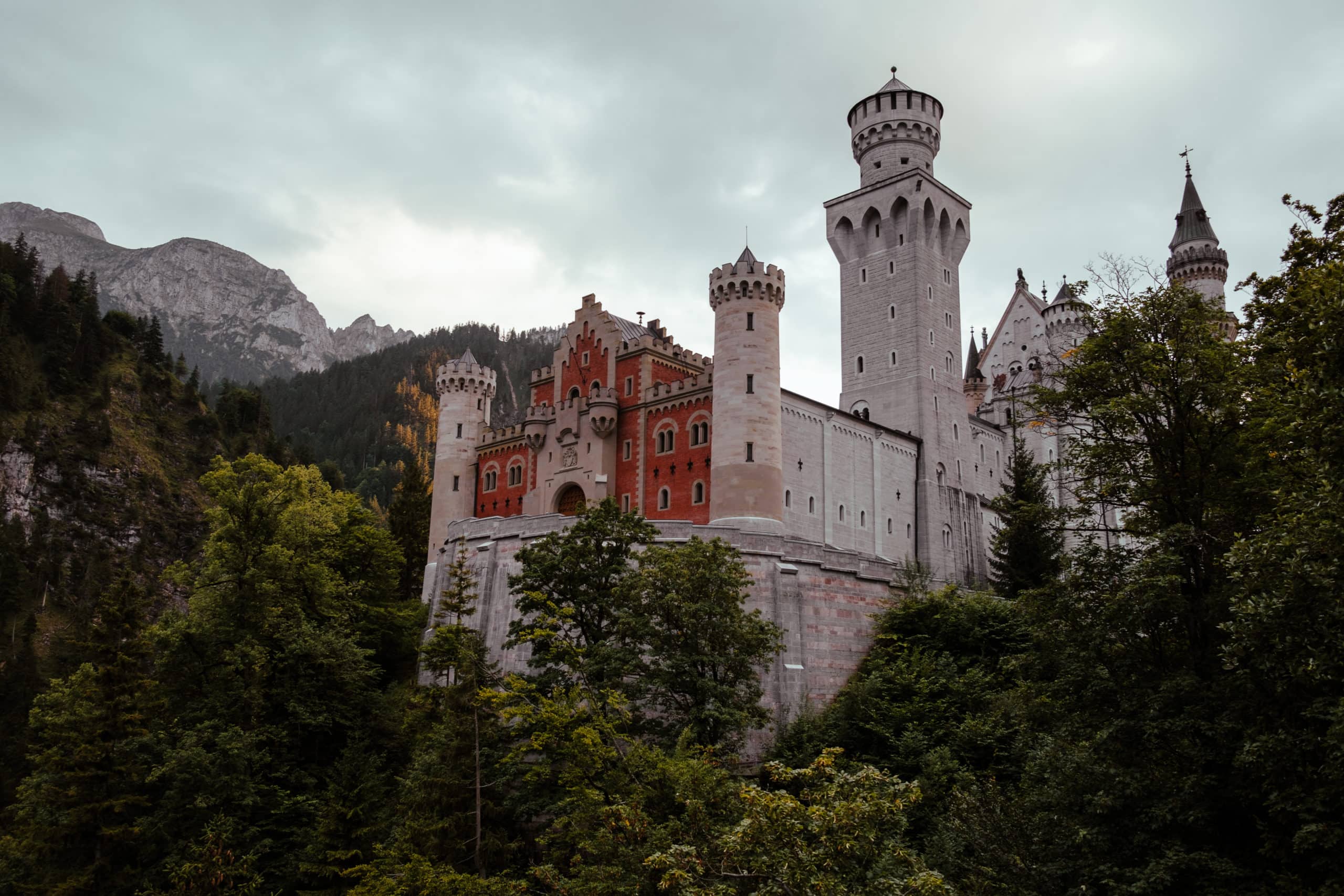 The front of Neuschwanstein Castle, as viewed from below.