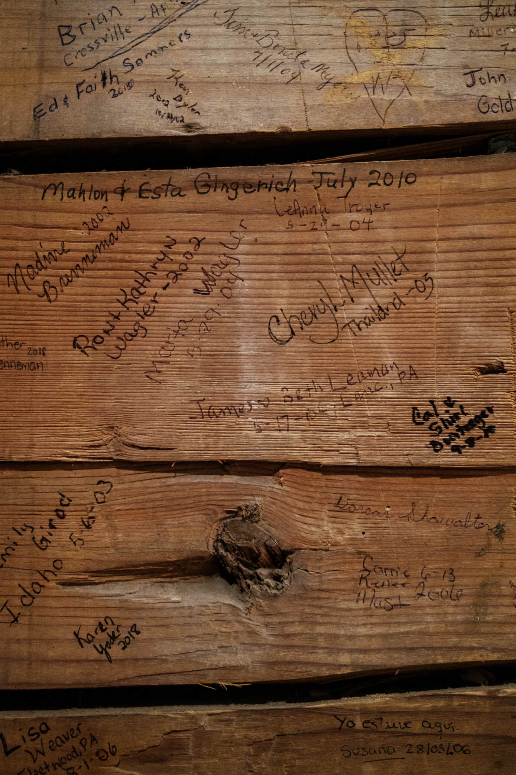A close-up of several names written on the wall in Trachselwald Castle.