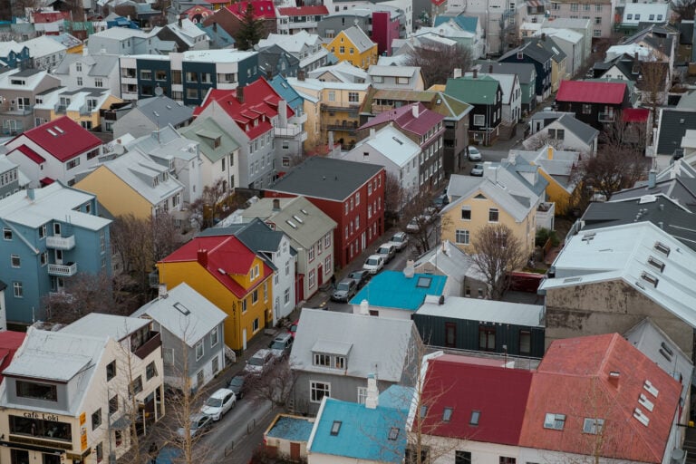 Colorful buildings in Reykjavik, as seen from above.