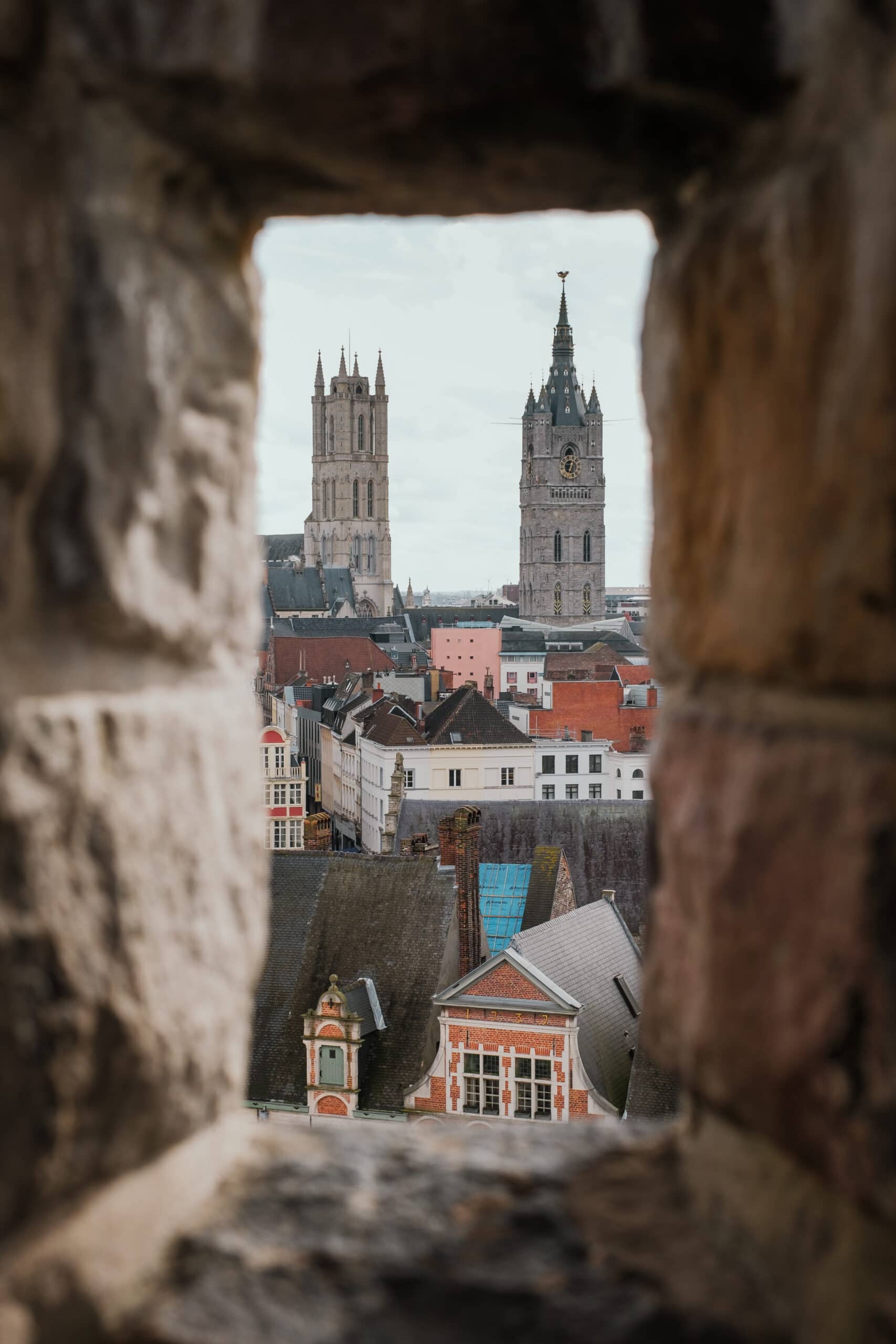View of two Ghent towers from Gravensteen.