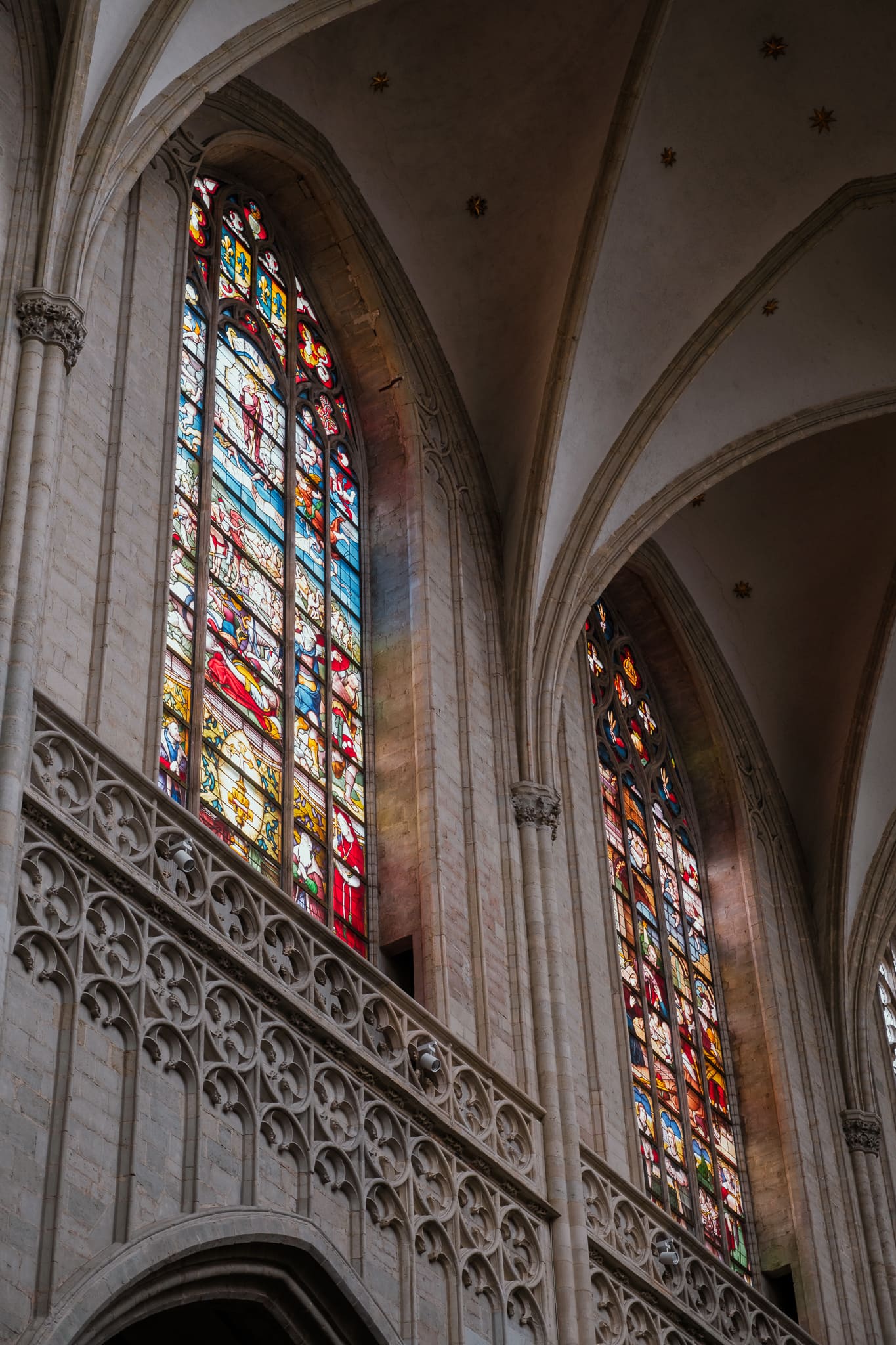 Stained glass inside Antwerp's Cathedral of Our Lady.