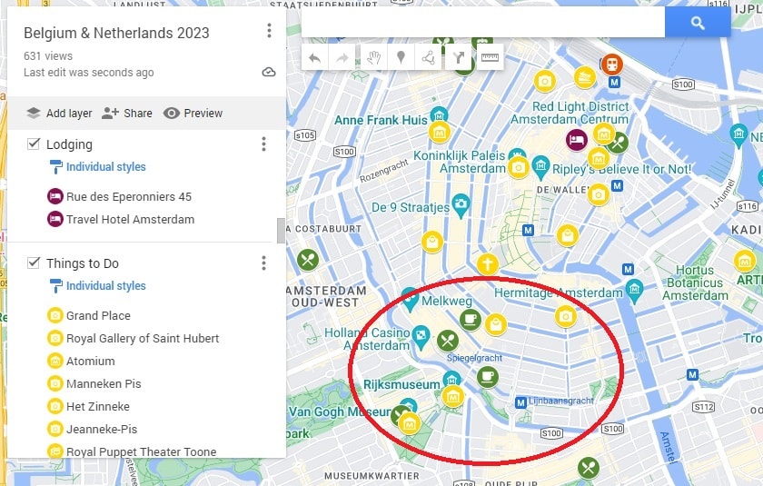 Screenshot showing my map of Amsterdam.