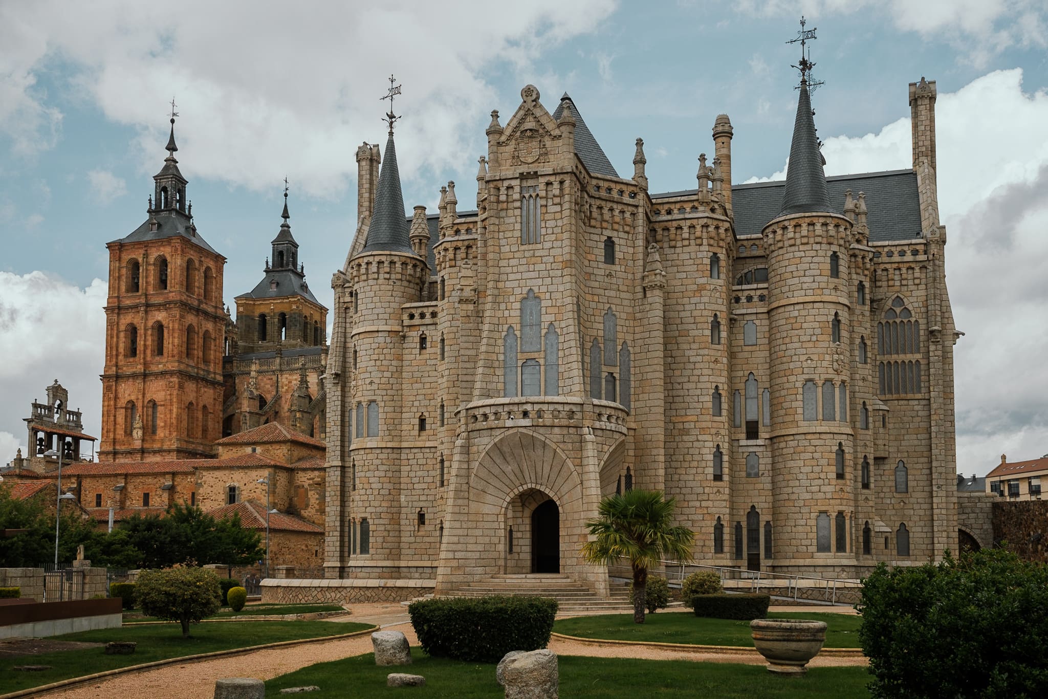 Gaudi's Episcopal Palace sits in front of the Astorga Cathedral.