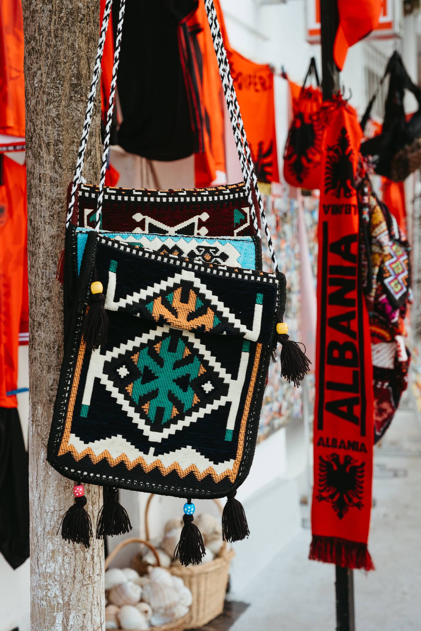 Bags and scarves for sale as souvenirs in Durres, Albania.