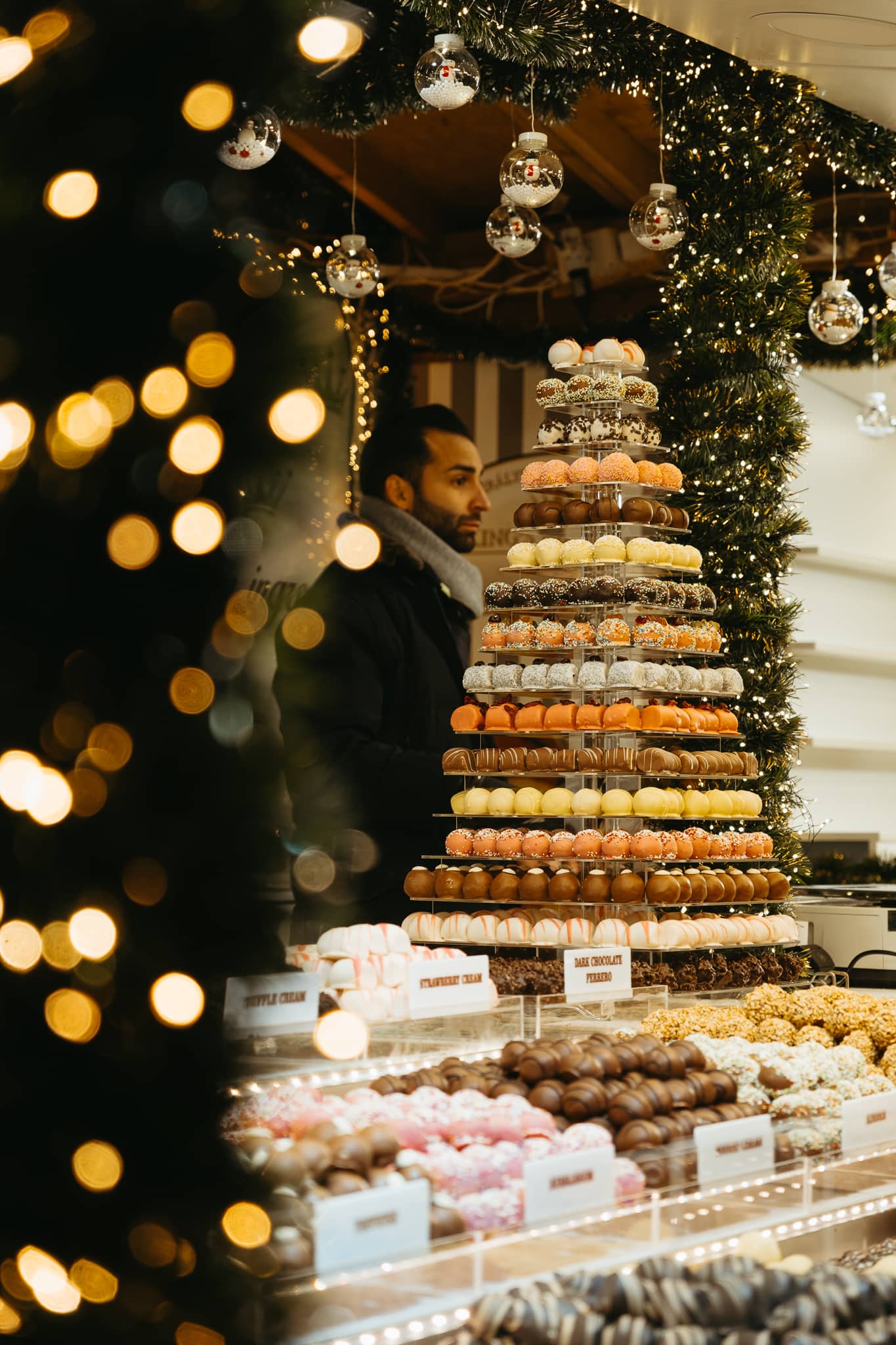 A tower of treats at a Christmas market in Budapest.