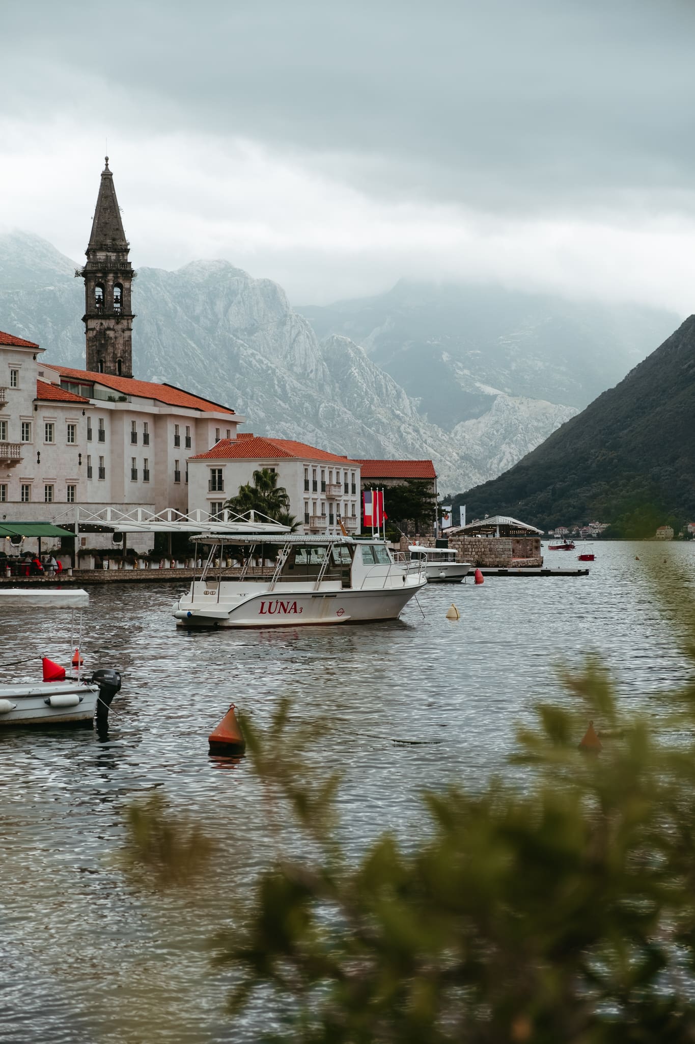 Perast, Montenegro on a cloudy day.