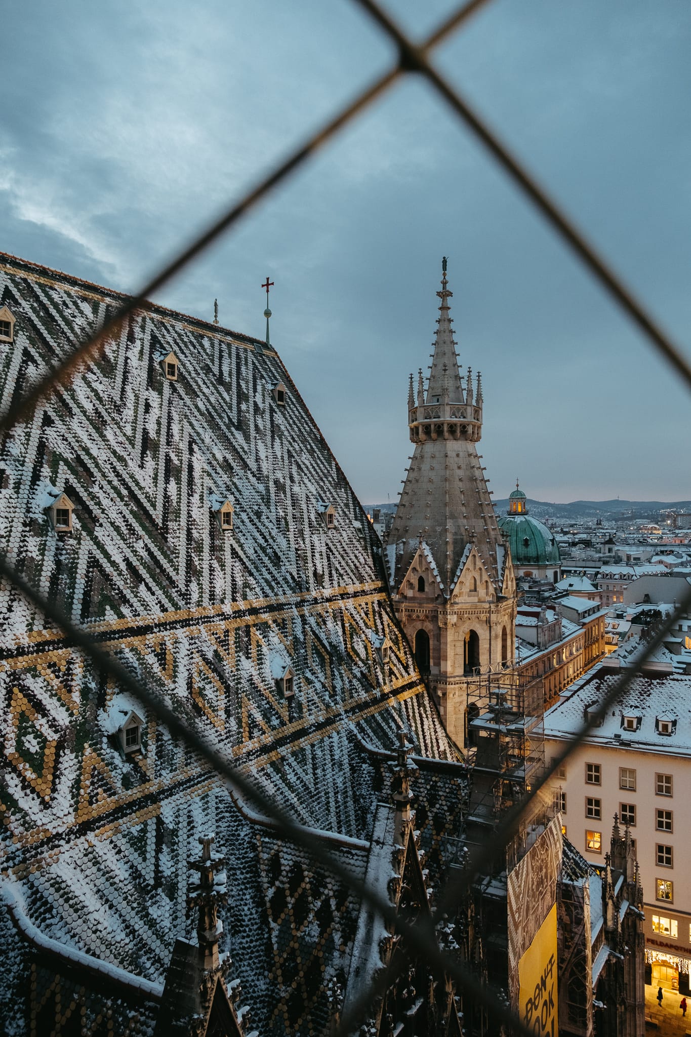The roof of St. Stephen's in Vienna, dusted with snow.