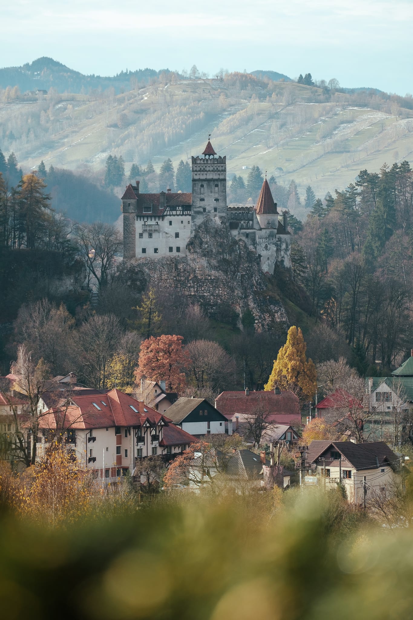 A view of Bran Castle from a distance.