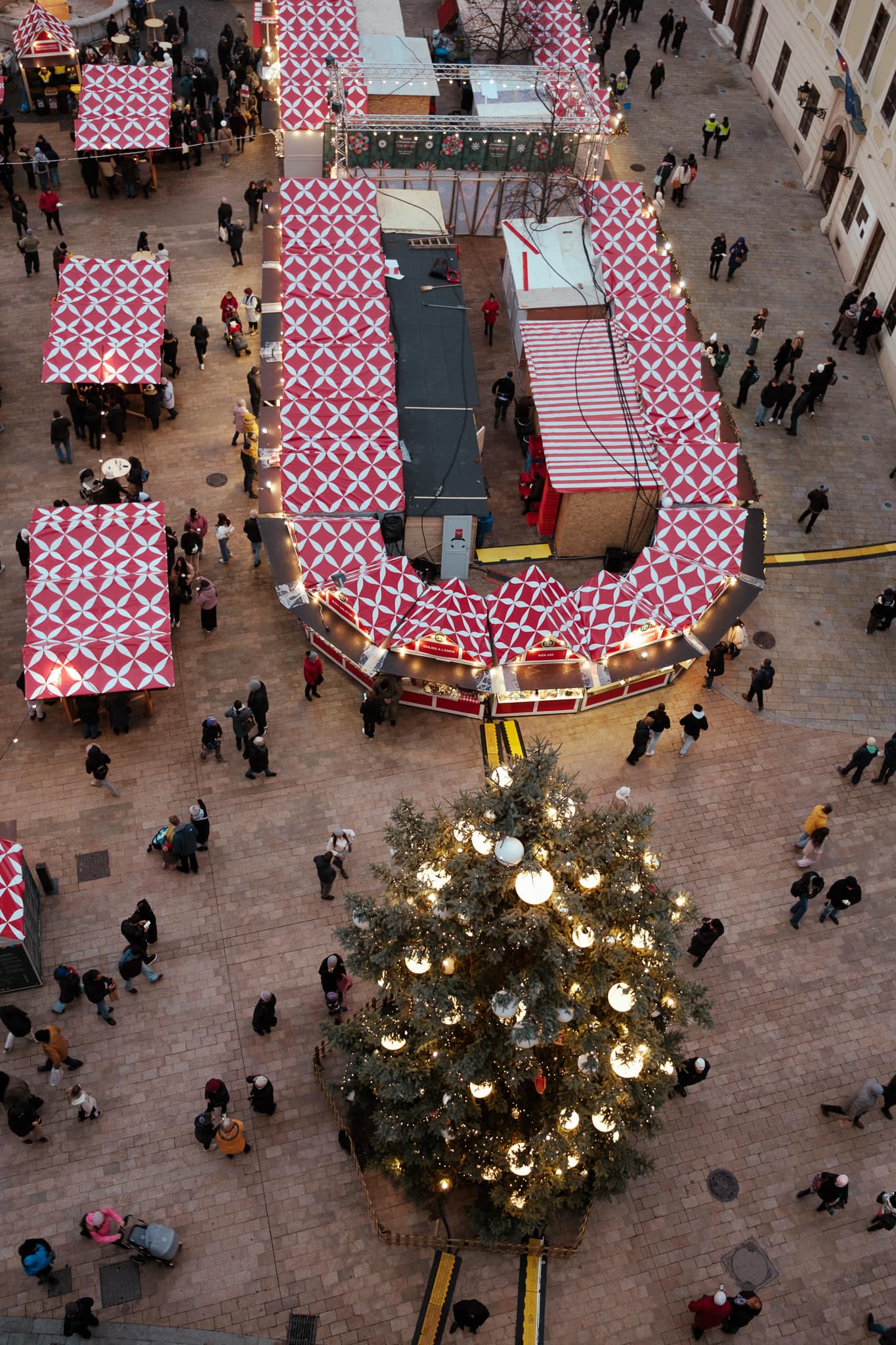 A Christmas market and Christmas tree in Bratislava, viewed from above.