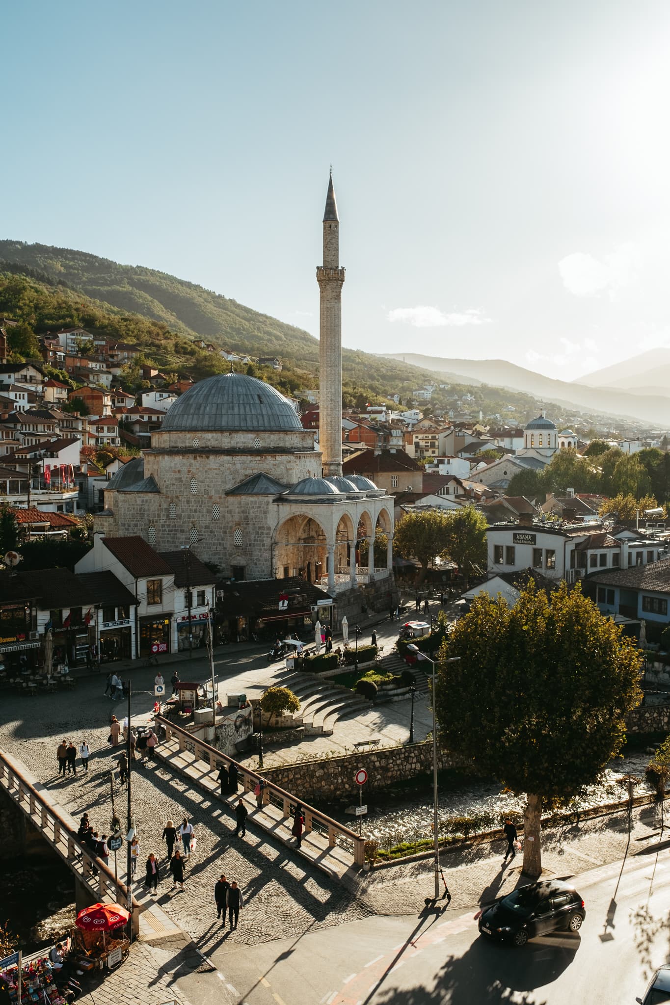 A bridge and mosque in Prizren, Kosovo.