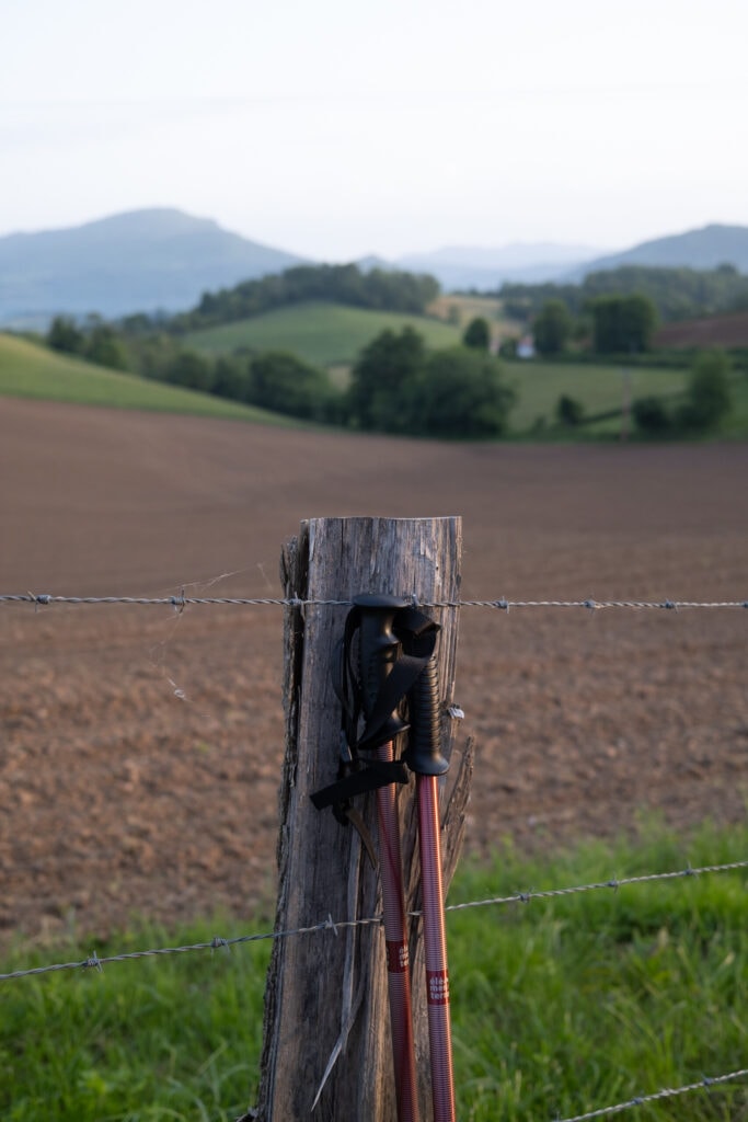 An unedited photo of hiking sticks resting against a post.