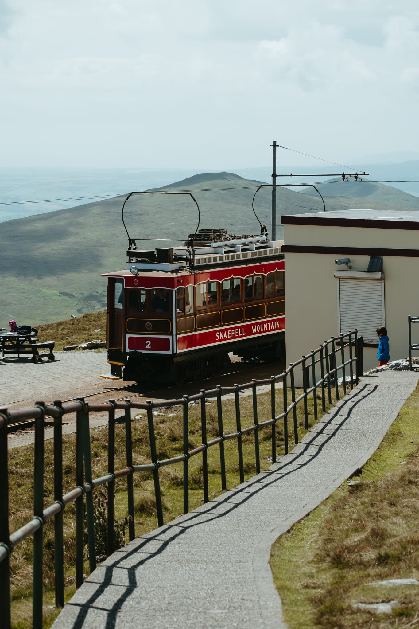A Snaefell Mountain Railway tram sits at the summit station.
