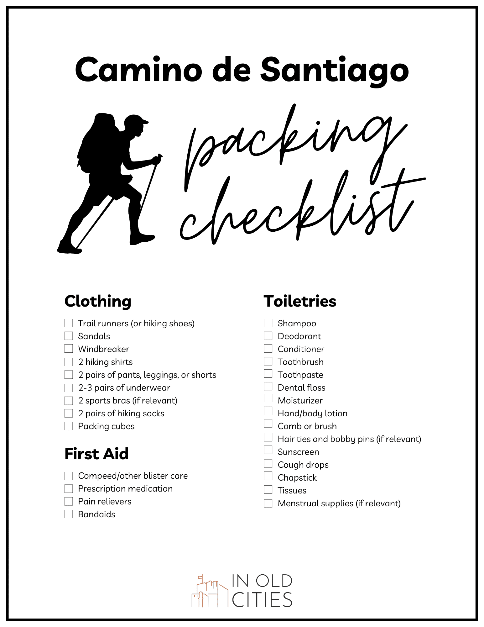 Page one of my printable Camino packing checklist.