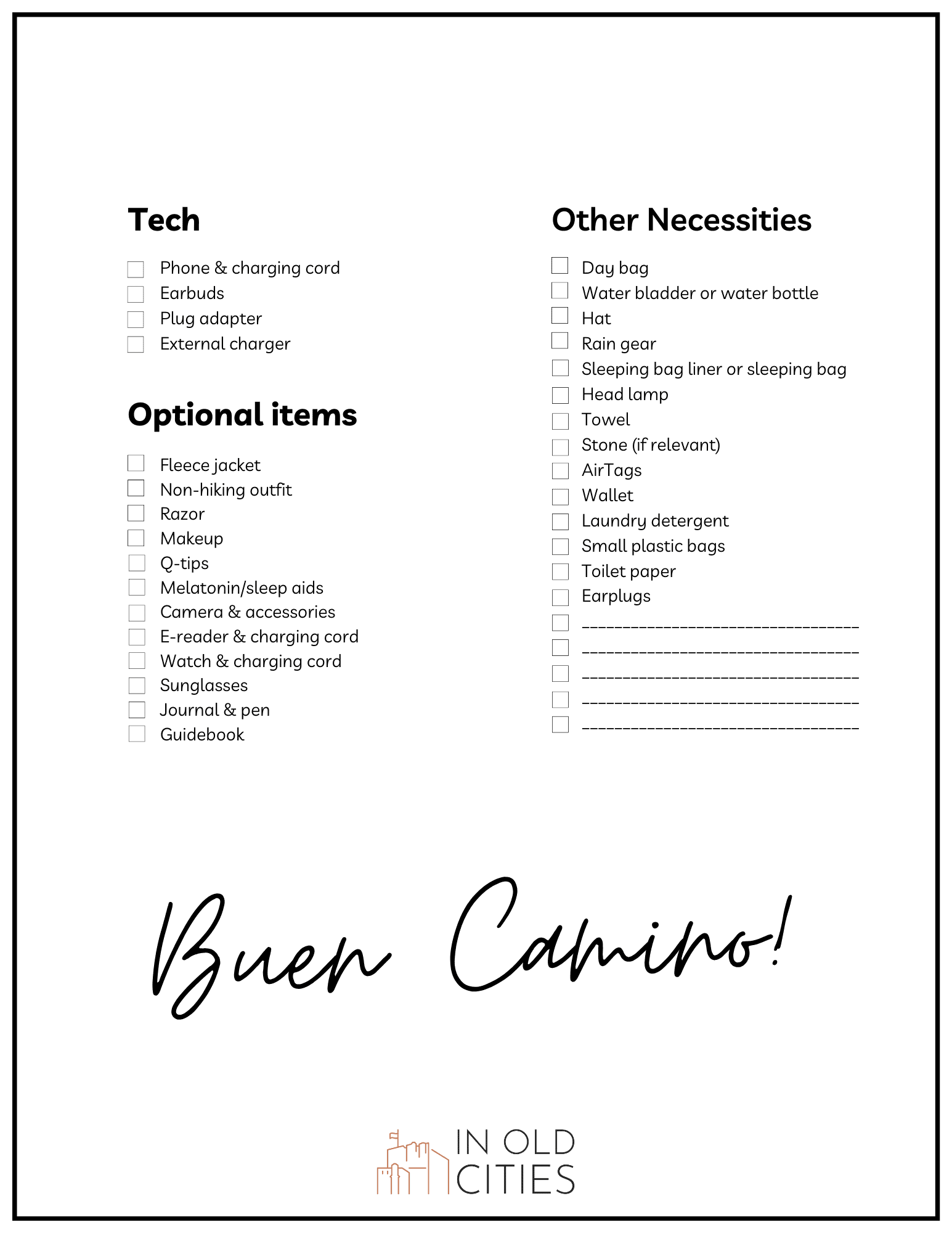 Page two of my printable Camino packing checklist.