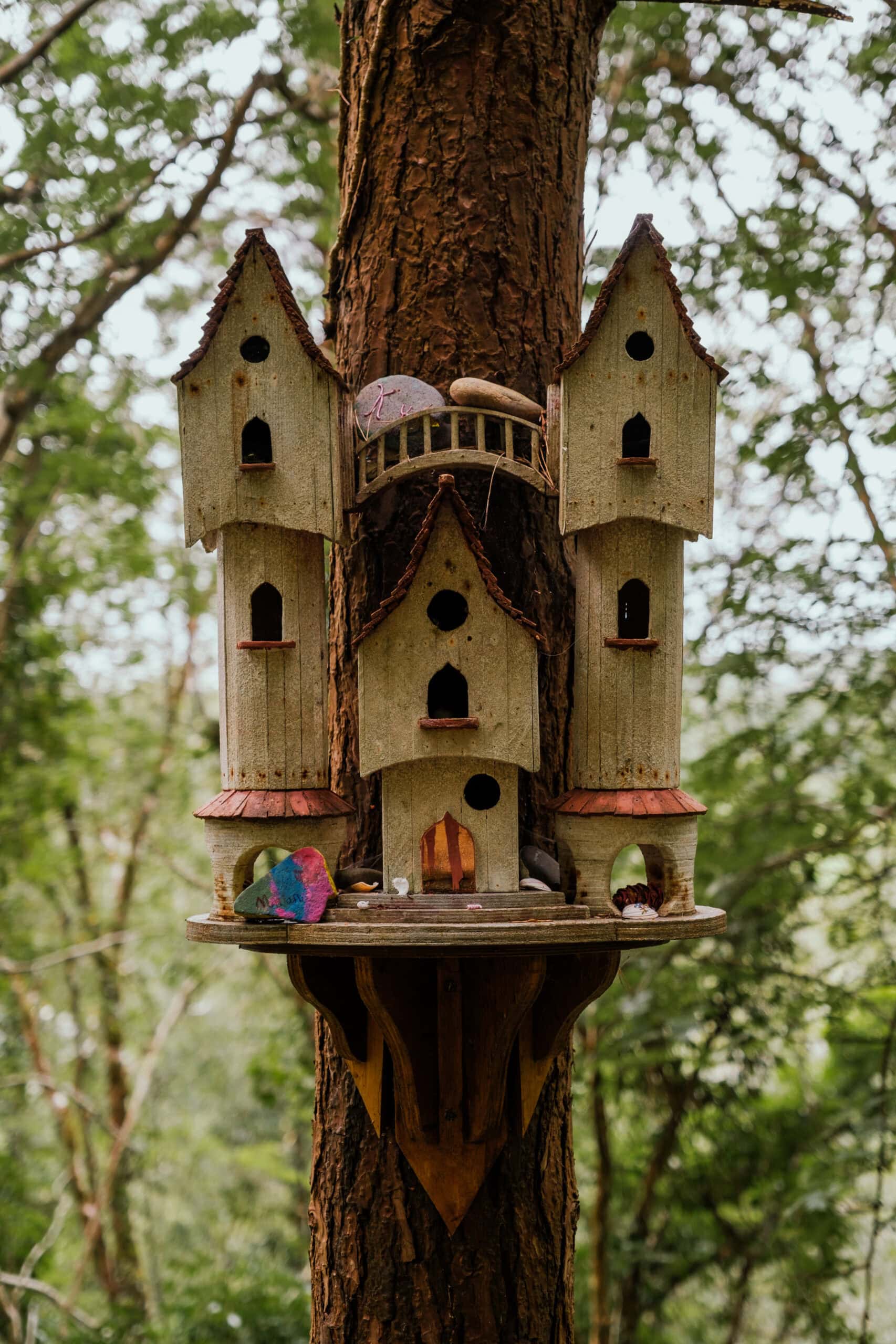 A miniature building with multiple levels, doors, and windows is nailed to the side of a tree.