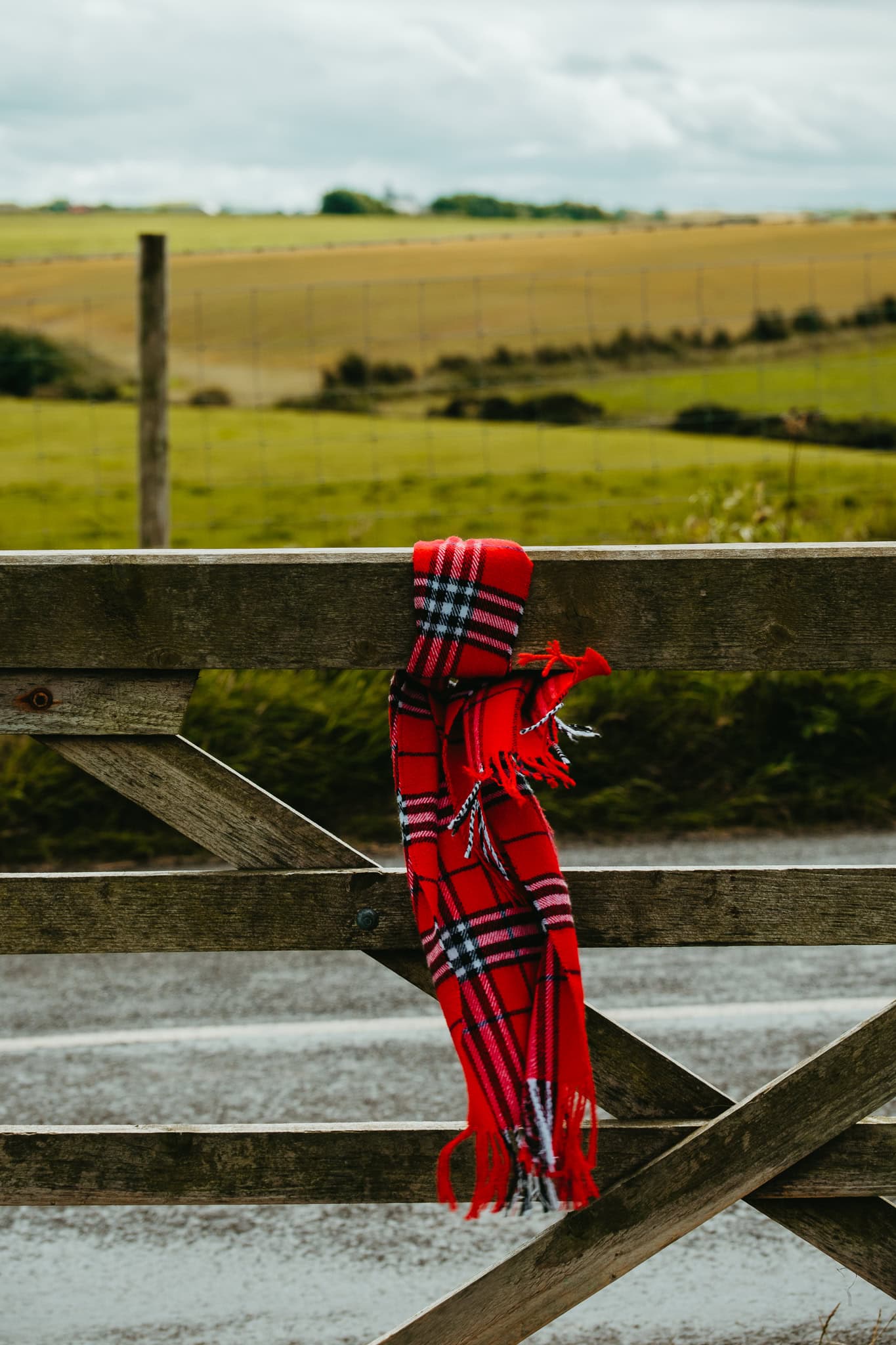 A red plaid scarf is tied to a fence.
