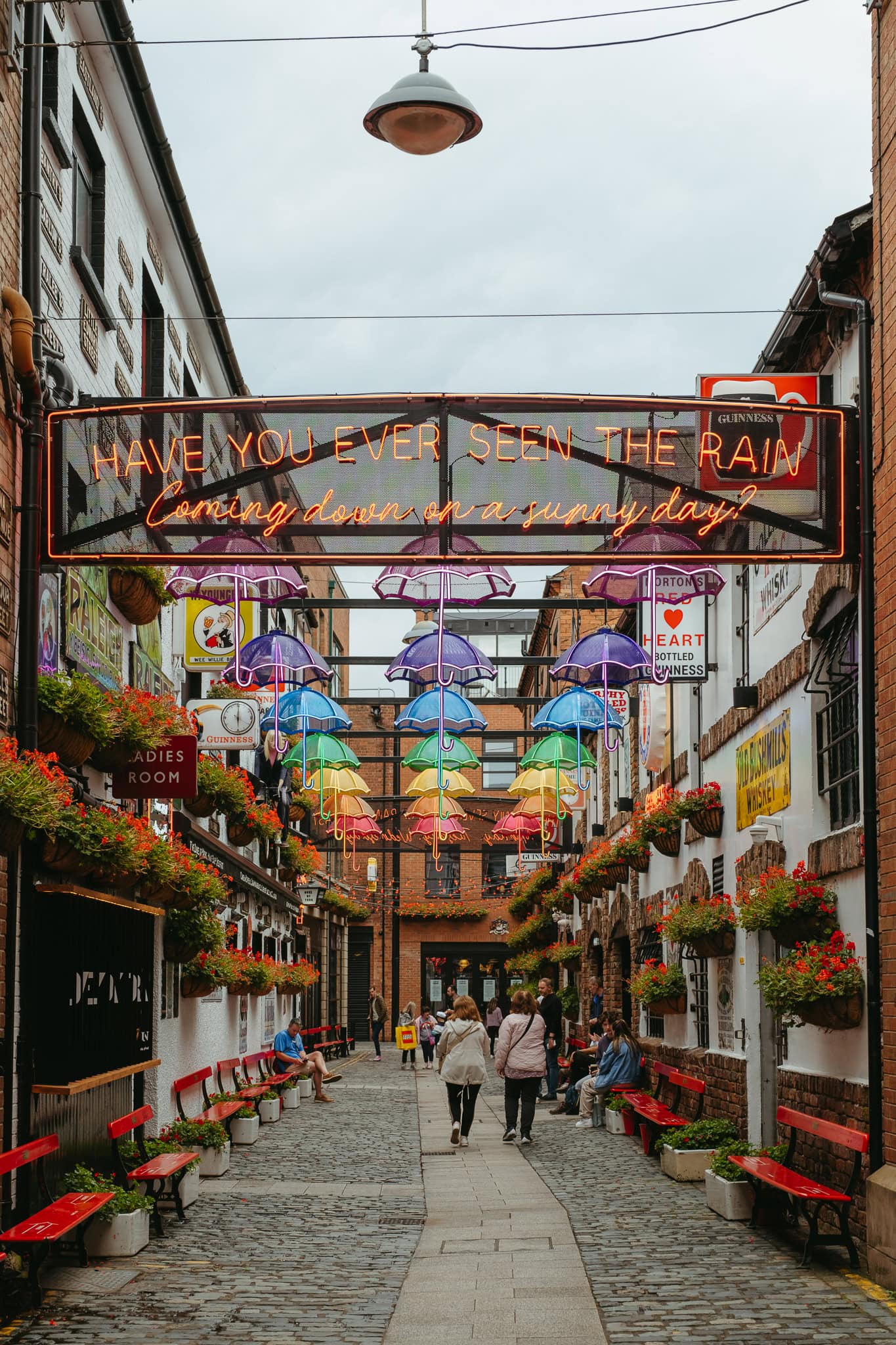 Colorful umbrellas hanging above a pedestrian street with a sign stating: "Have you ever seen the rain coming down on a sunny day?"