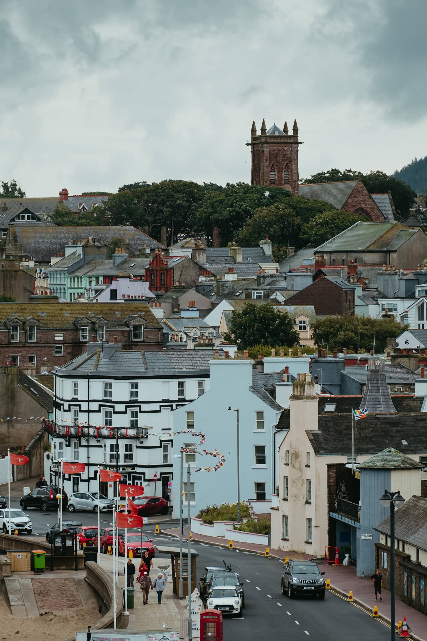Looking over buildings in Peel from Peel Castle.