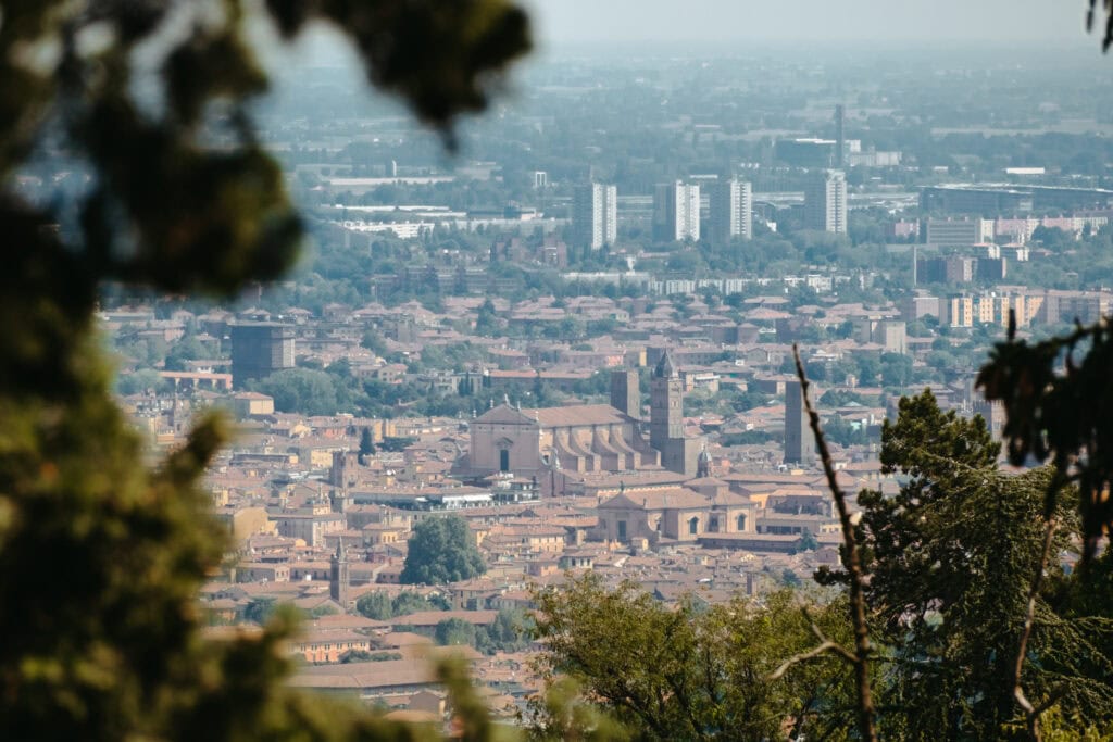 View of historic Bologna from the hill of the Santuario Madonna di San Luca.
