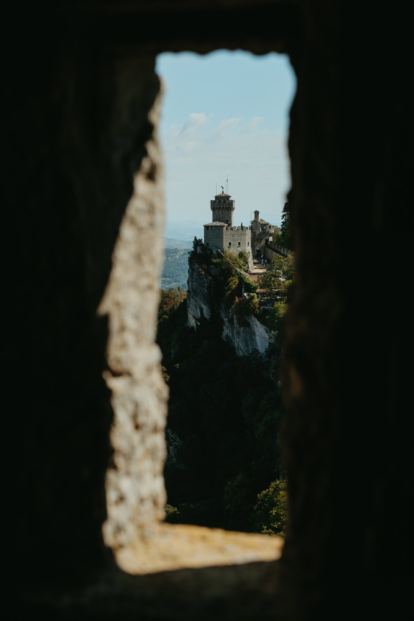 View of the second tower through a window in the first tower.