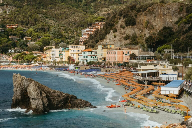 The beach and buildings of Monterosso al Mare, as seen from the Sentiero Azzurro hiking trail.