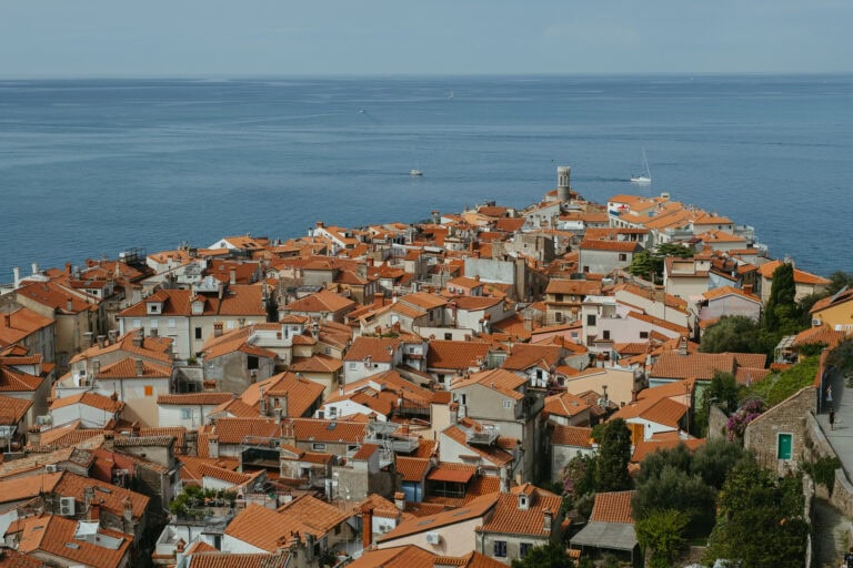 An overhead view of many red rooftops jutting out into the sea.