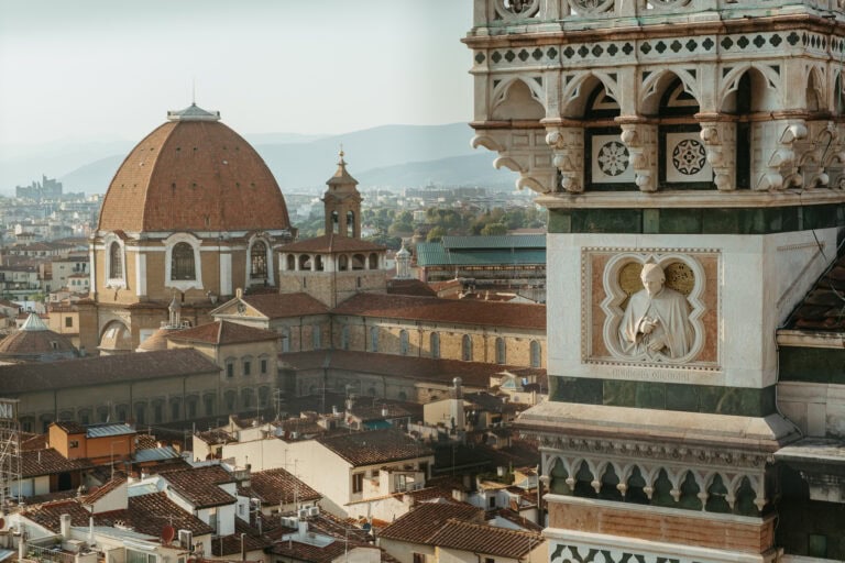 A close-up corner of Florence's Duomo, as seen from Giotto's Bell Tower.