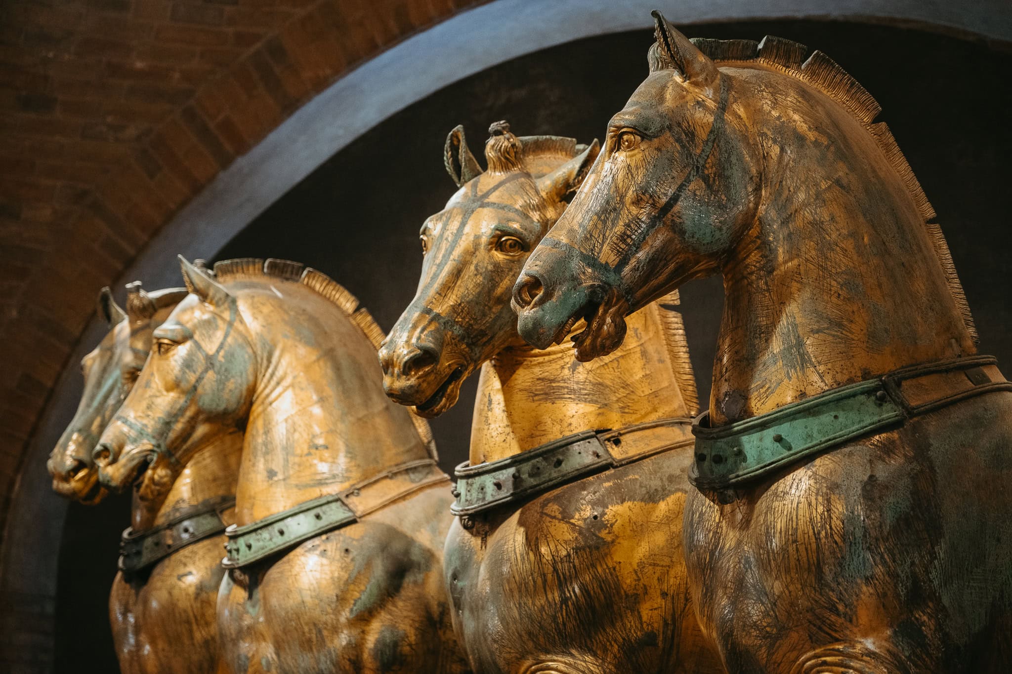 Four statutes of horses in St. Mark's Museum.