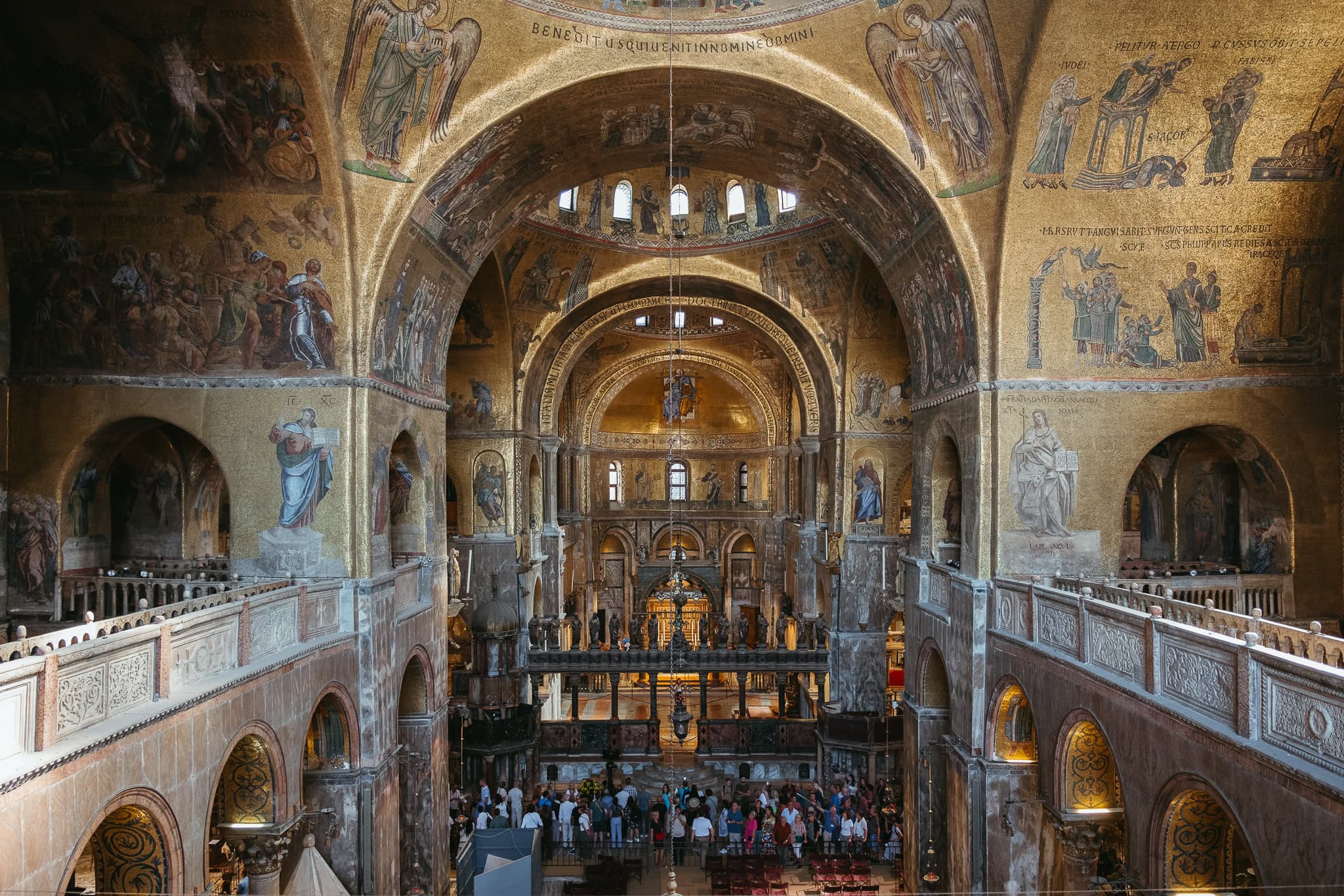 View of the interior of St. Mark's Basilica from an upper balcony.