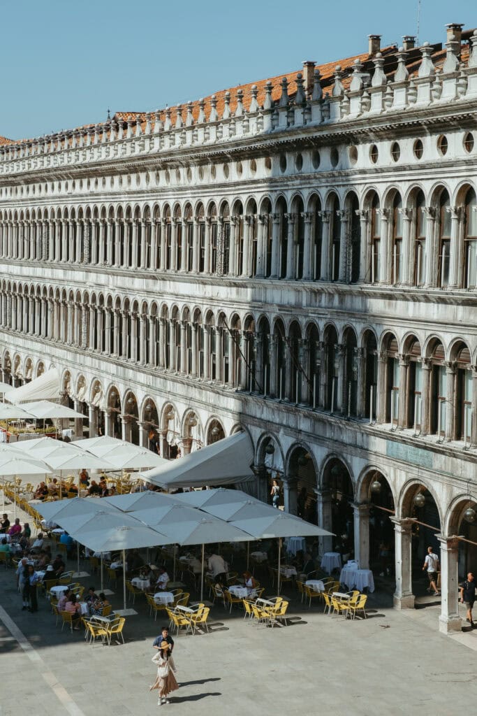 Looking down at cafes in St. Mark's Square from the basilica's balcony.
