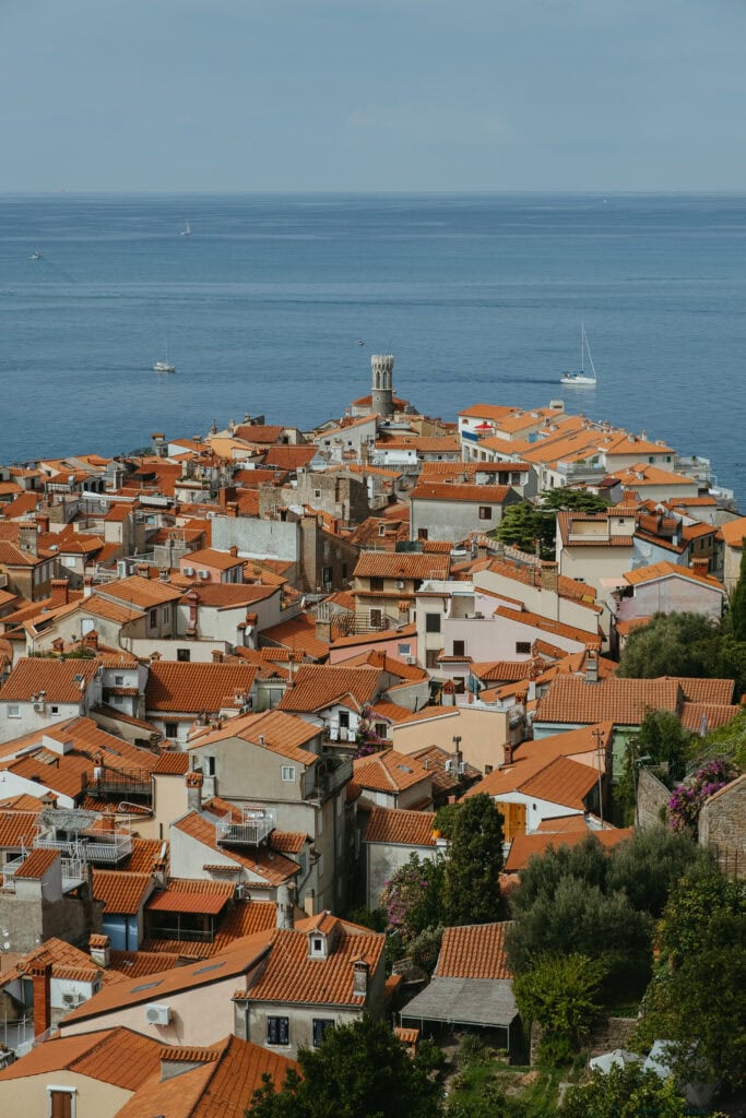 The red rooftops of Piran jutting out into the sea.