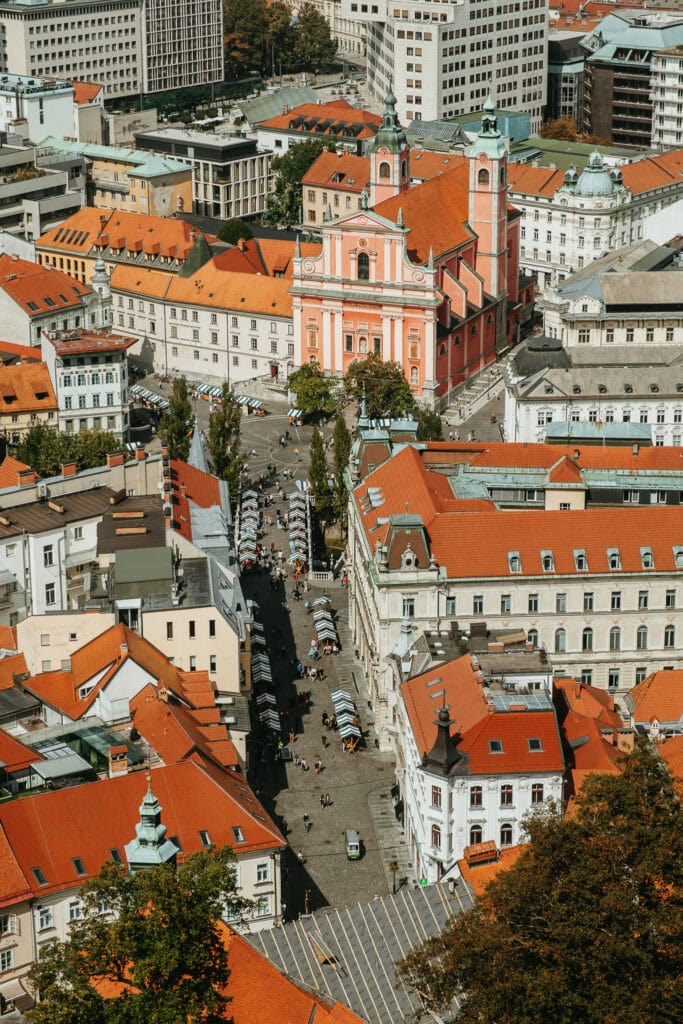 Looking down at Preseren Square, the pink Franciscan Church, and red rooftops from a viewing tower.