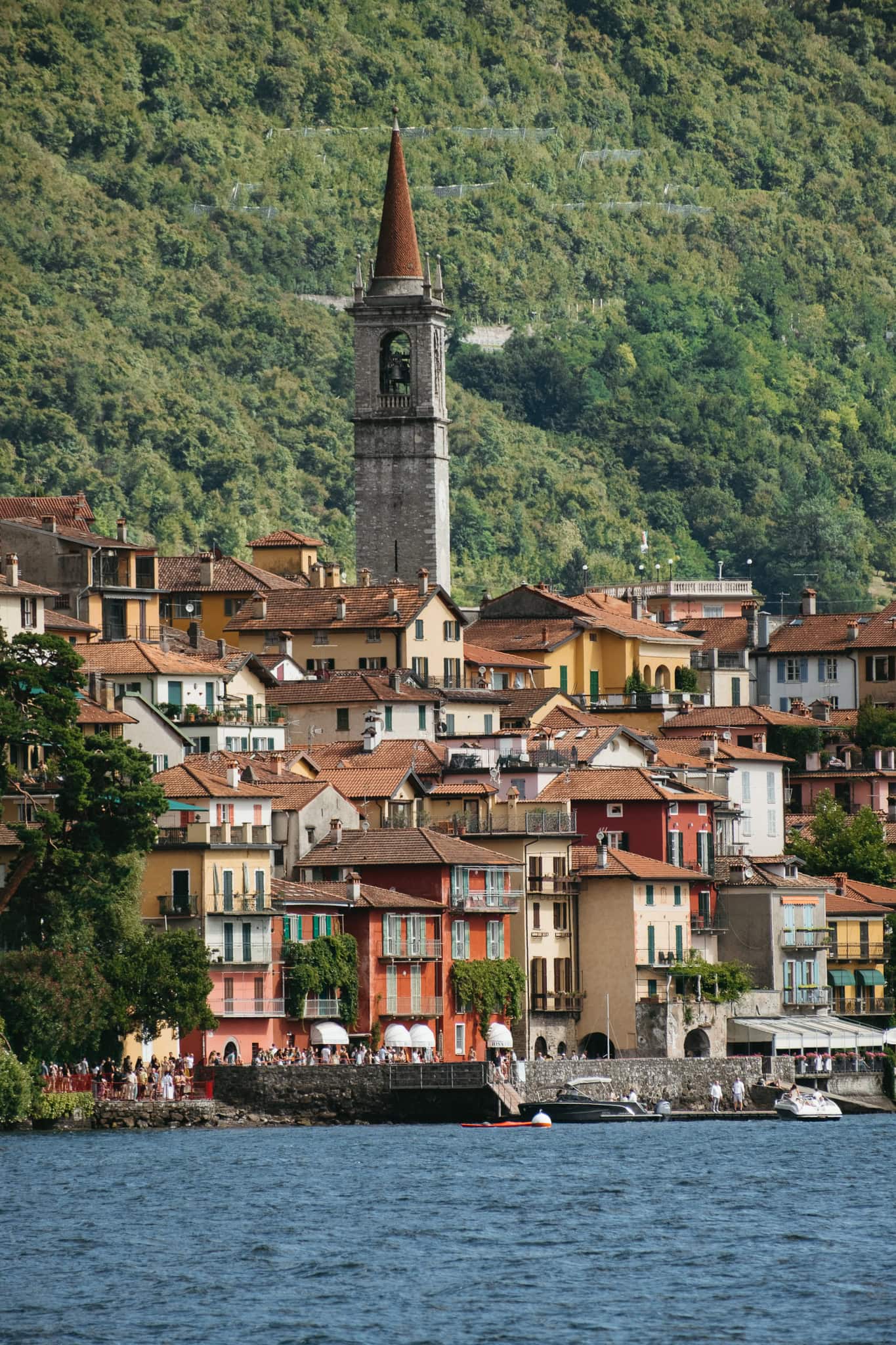 A church tower and buildings in Varenna.