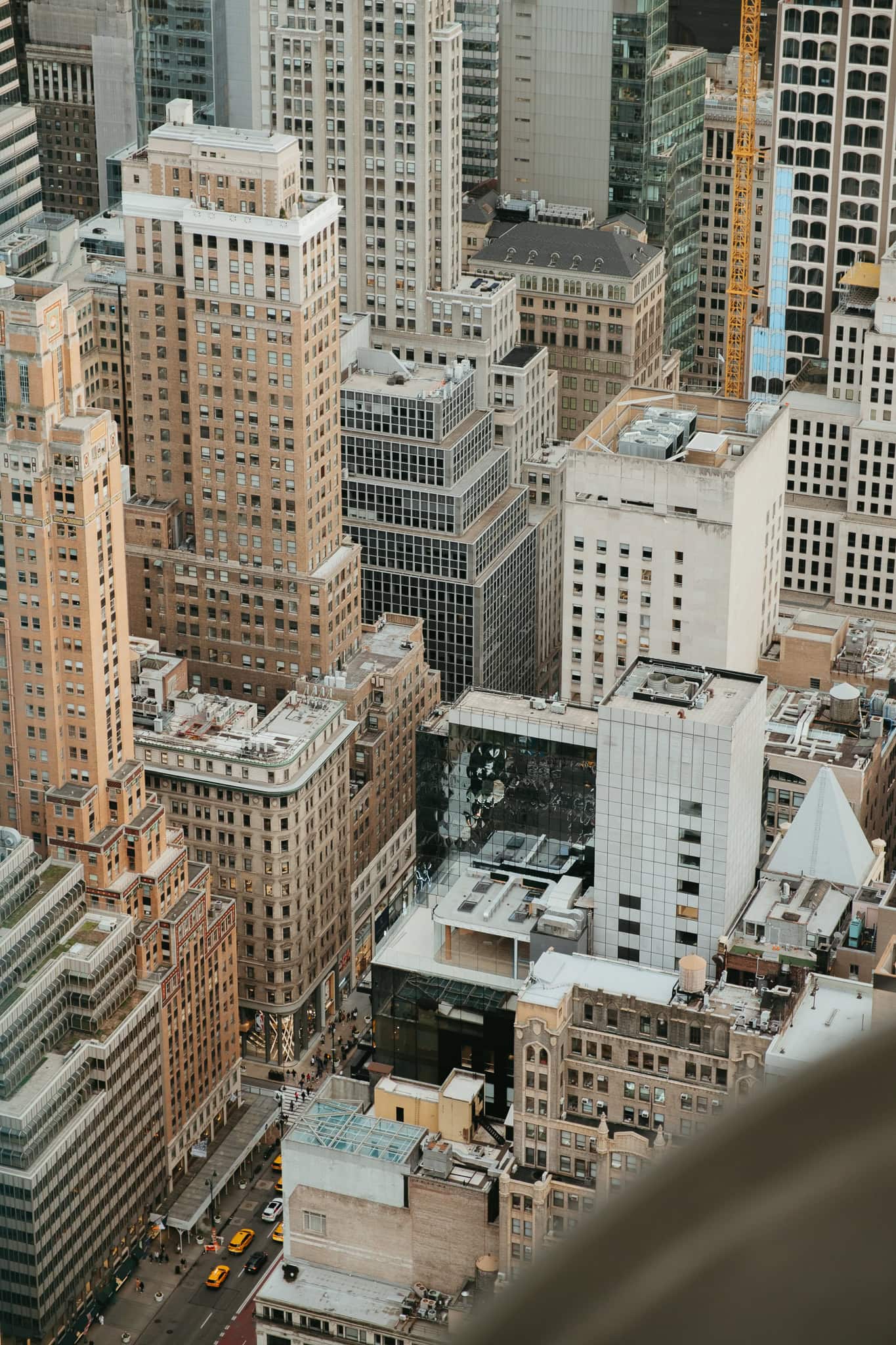 Looking down on buildings and streets in Manhattan from the Top of the Rock.