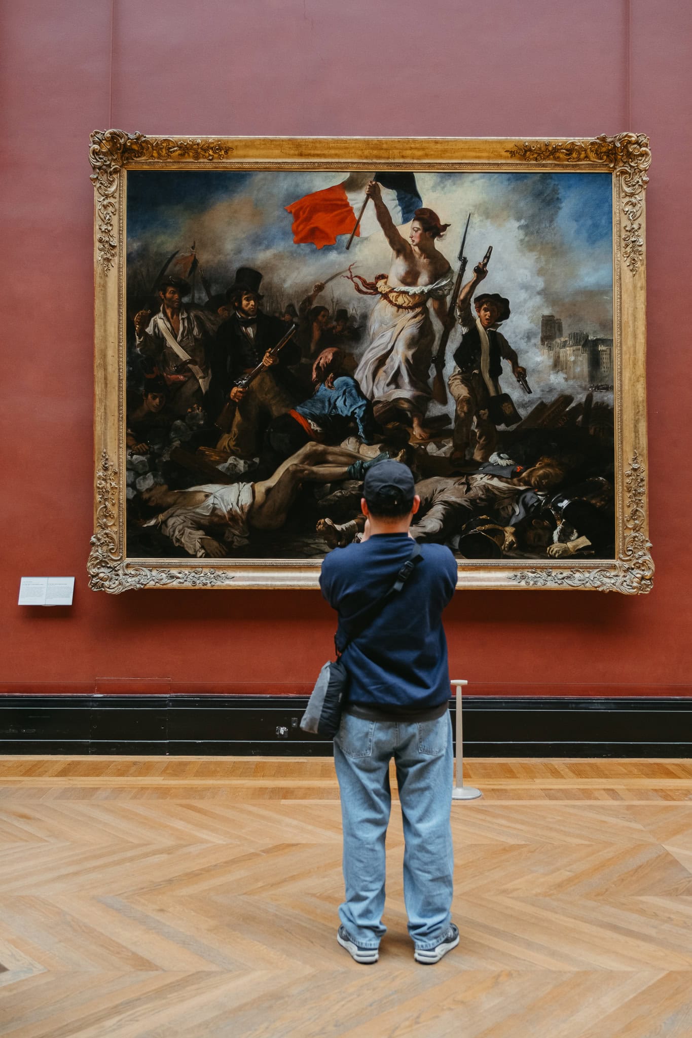 A person looking at a large painting.
