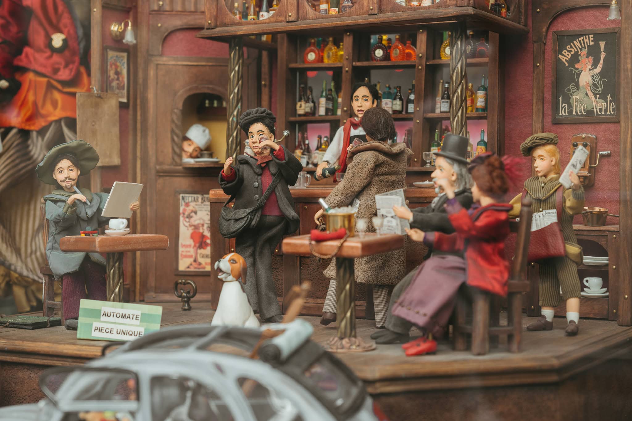 Scene of a vintage French bar made with miniatures.