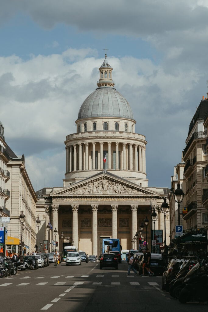 The exterior of the Pantheon, with columns and a massive dome.